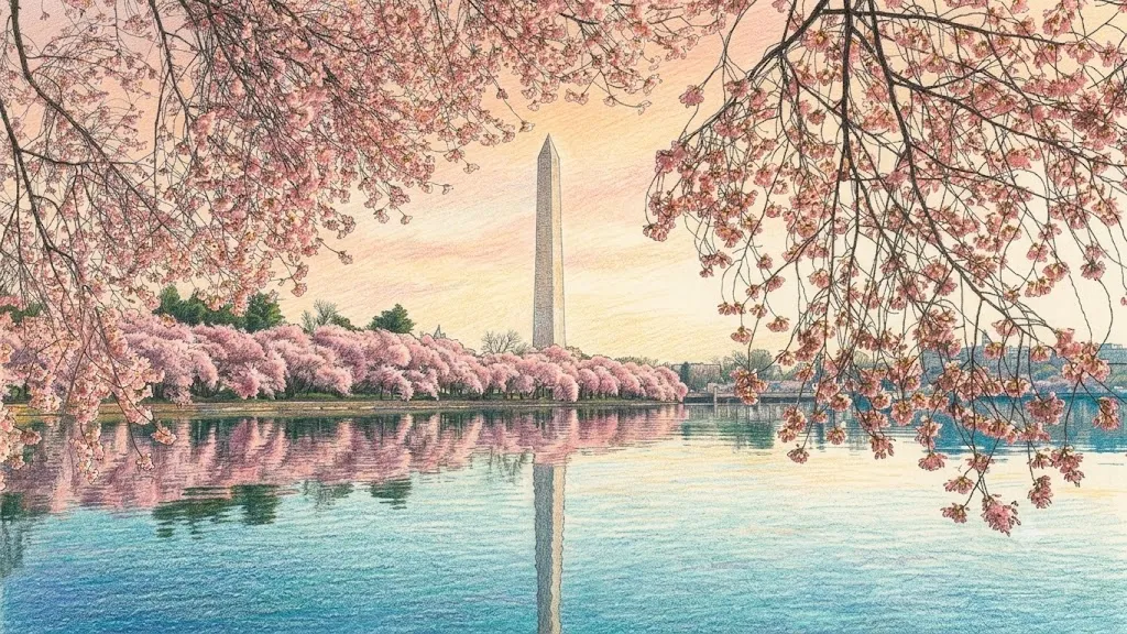 Colored-pencil illustration of the Washington Monument among cherry blossoms