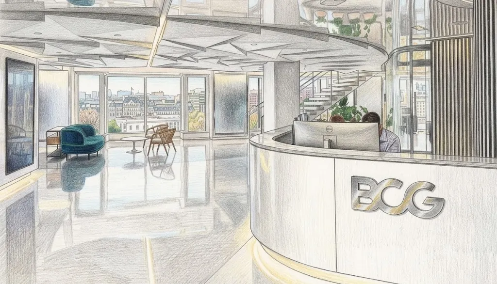 Colored-pencil illustration of a BCG office reception and lounge