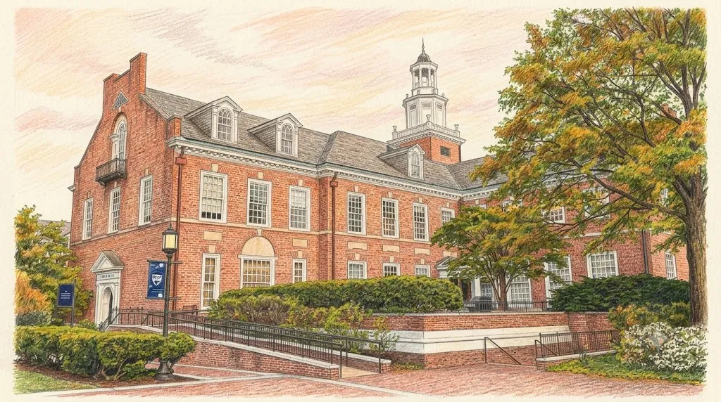 Colored-pencil illustration of a Johns Hopkins University campus building