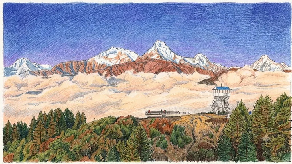 Colored-pencil illustration of a mountain vista with a lookout tower