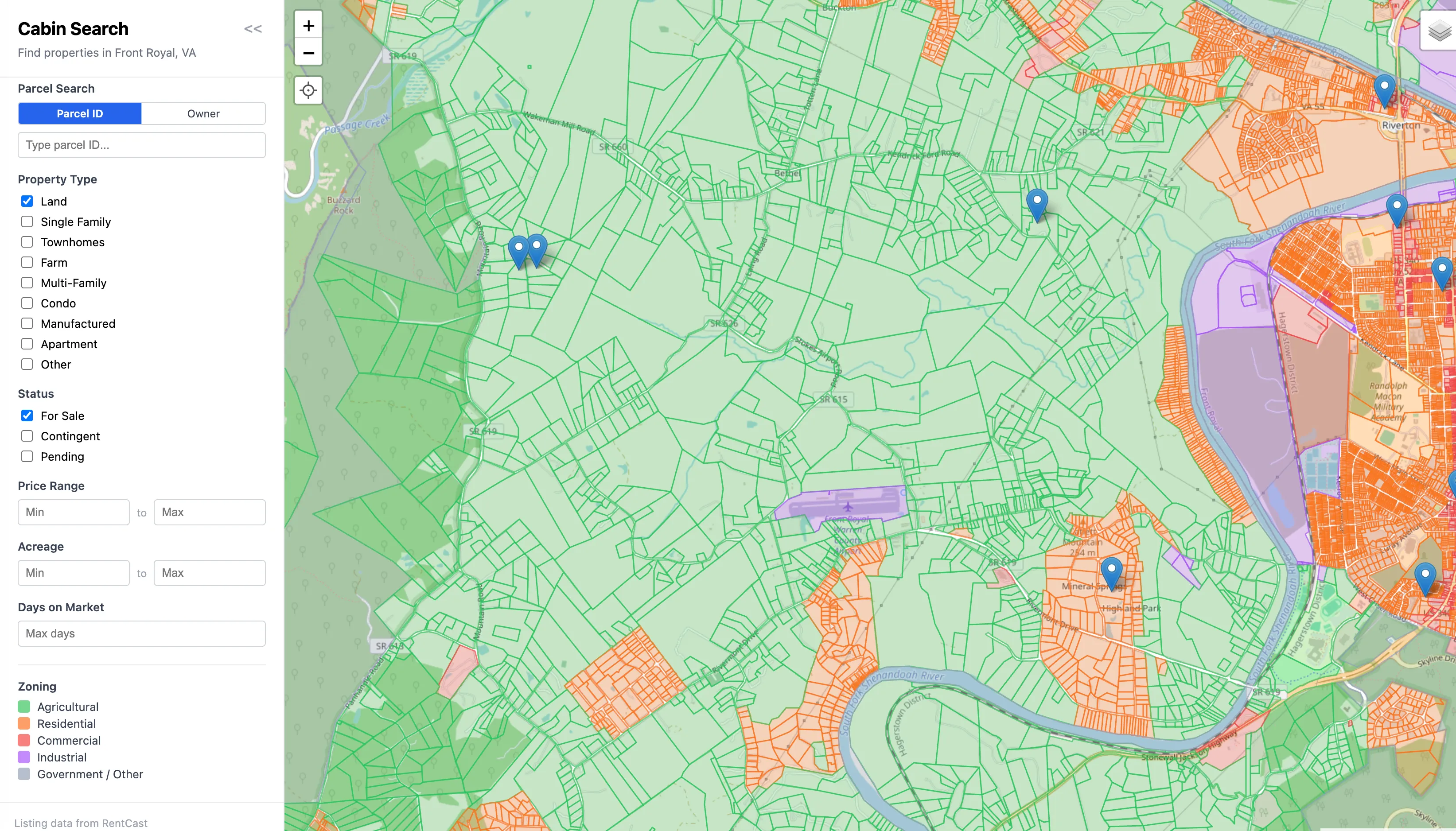 Cabin Search interface screenshot