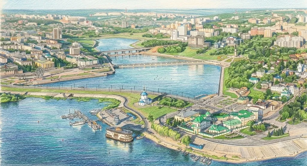 Illustrated aerial view of Cheboksary on the Volga River