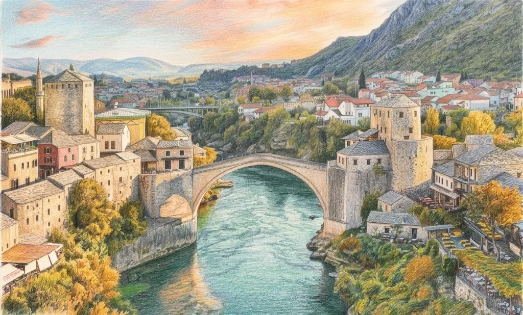 Illustrated view of the Old Bridge over the Neretva in Mostar