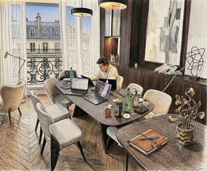 Colored-pencil illustration of Misha working on laptops in a Paris apartment